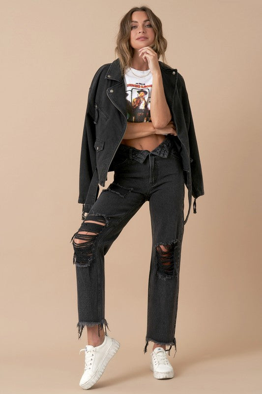 Frayed Flip Waist Straight Jeans