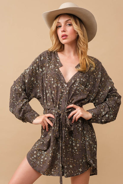 Ditsy Floral Raw Shift Shirt Dress