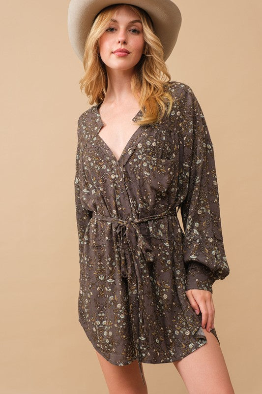 Ditsy Floral Raw Shift Shirt Dress