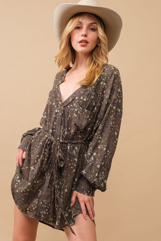 Ditsy Floral Raw Shift Shirt Dress