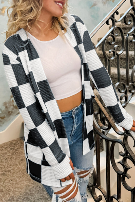 Black Checkered Waffle Knit Thumbhole Cardigan