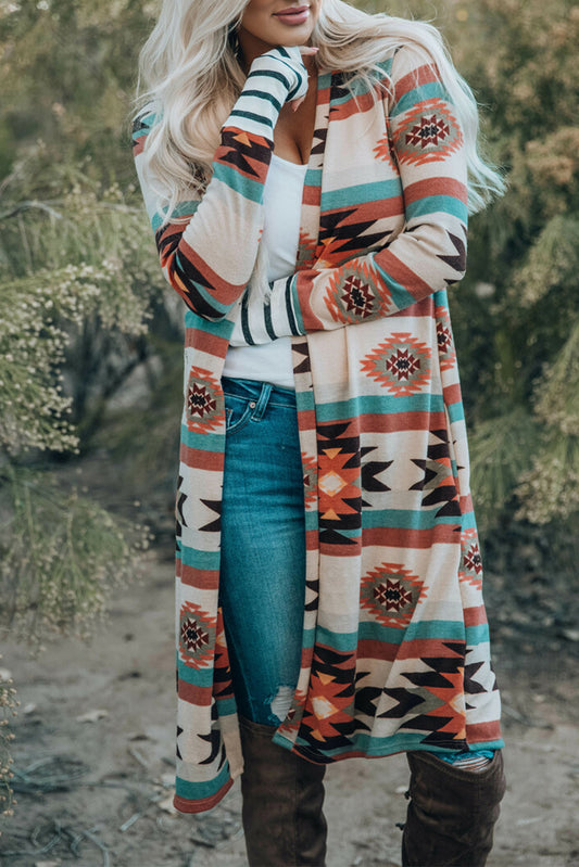 Multicolor Geometric Color Block Long Cardigan